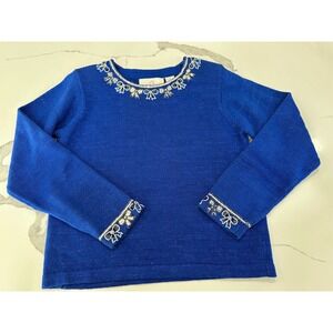 Janes Closet Blue Beaded Bow Sequin Knit Sweater Ramie Cotton Metallic Small